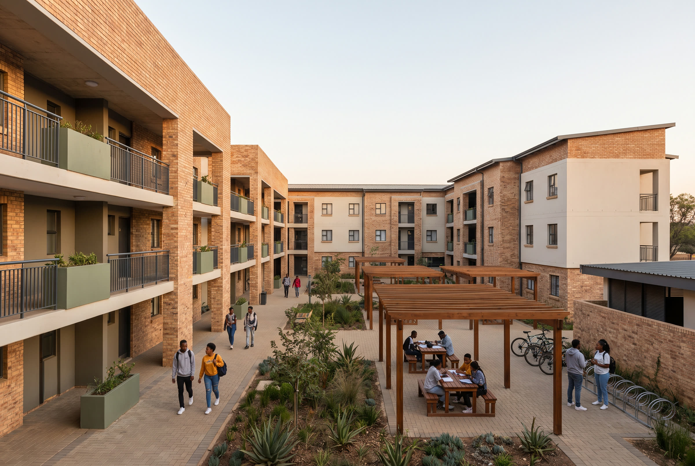 Four-storey student accommodation building with repeating room bays and a landscaped courtyard.