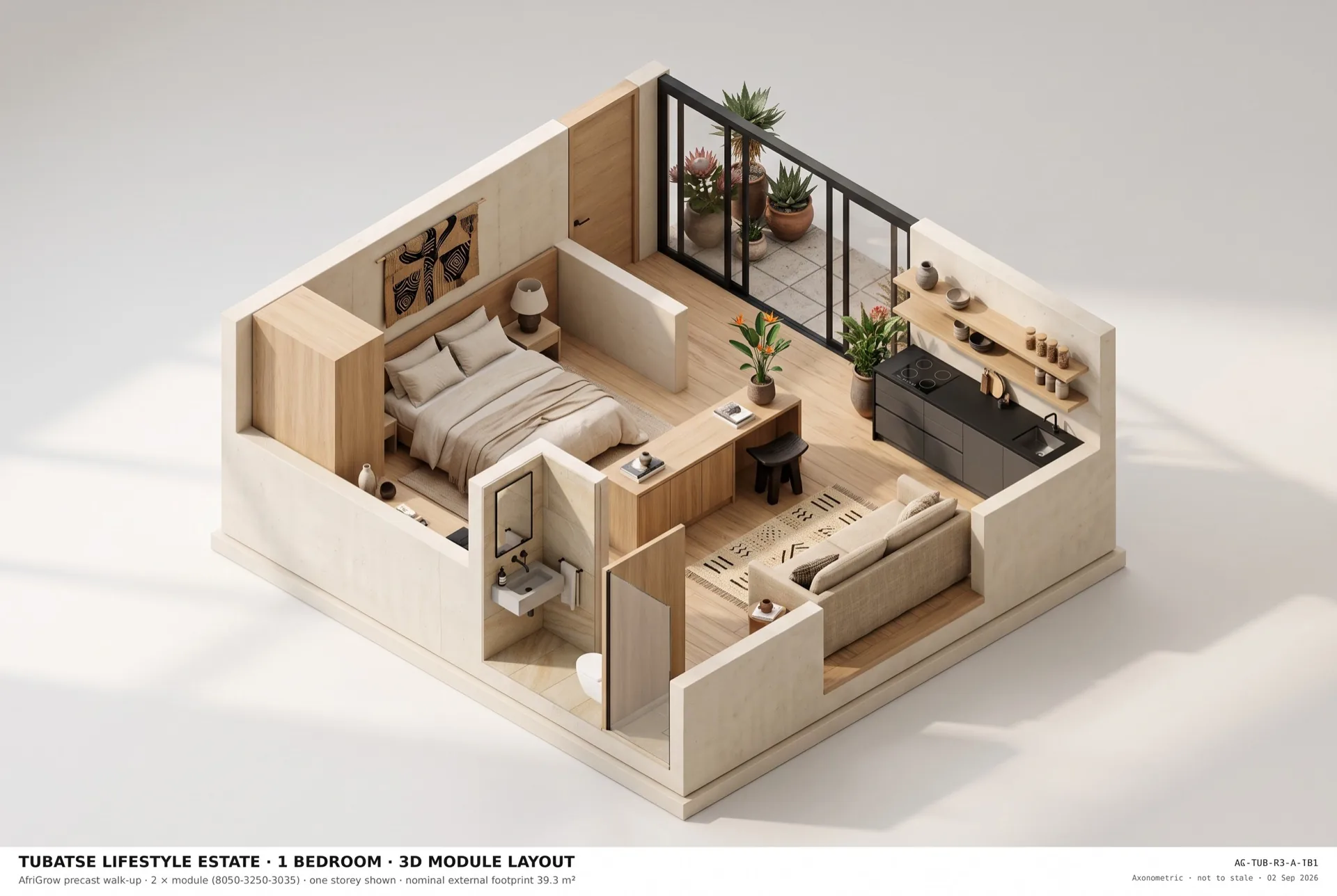 One-bedroom unit — 3D cutaway showing the furnished layout.