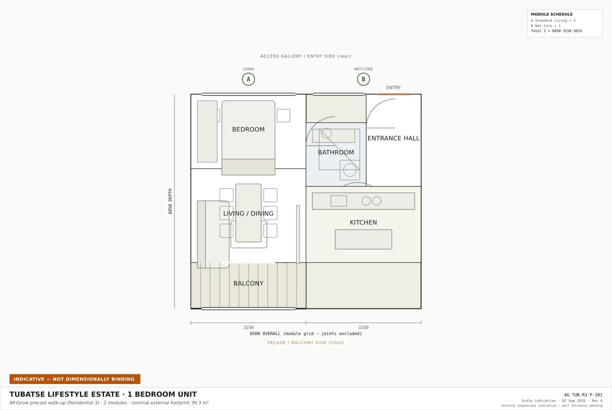Indicative one-bedroom plan, 6.5 by 6.05 m.