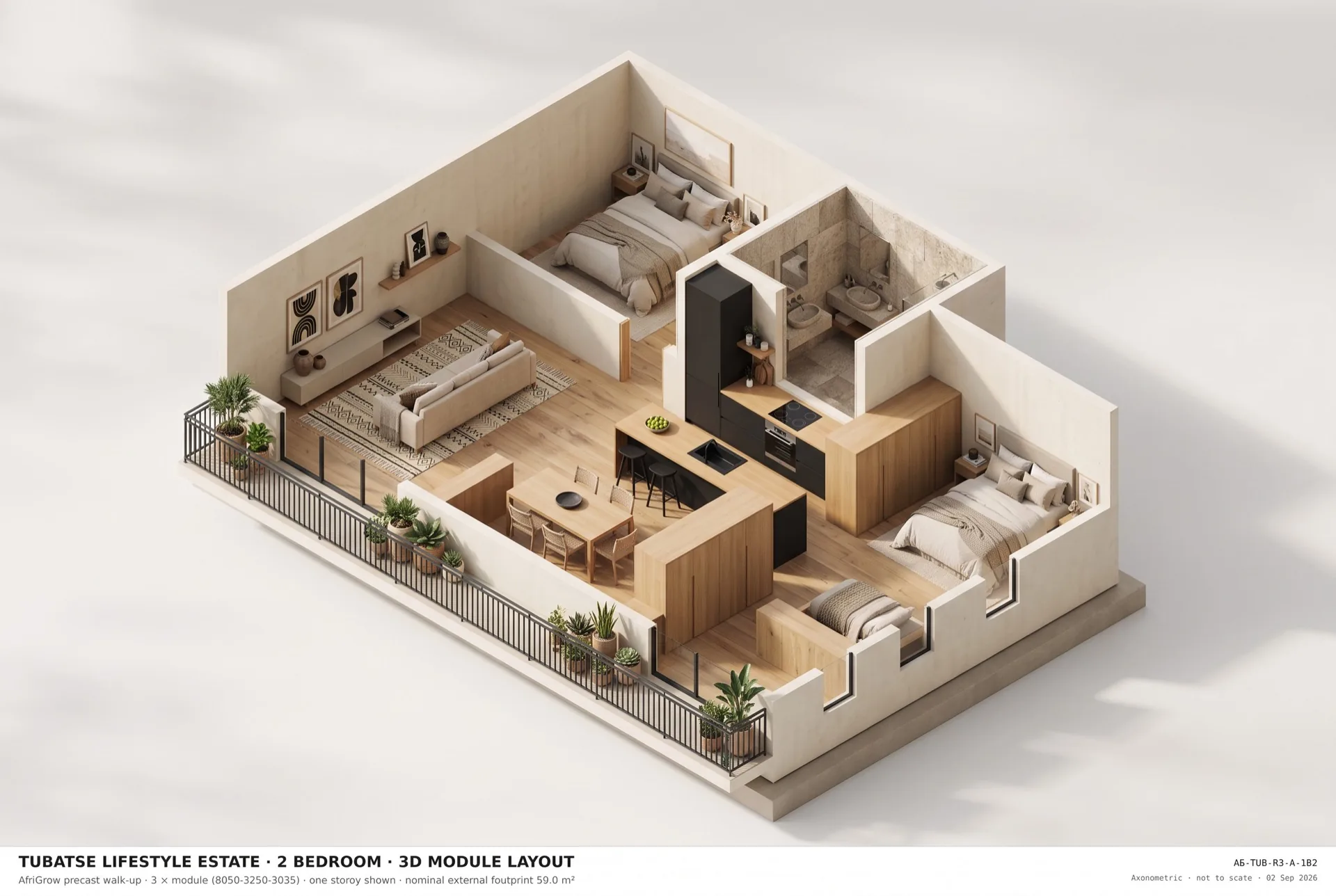 Two-bedroom unit — 3D cutaway showing the furnished layout.
