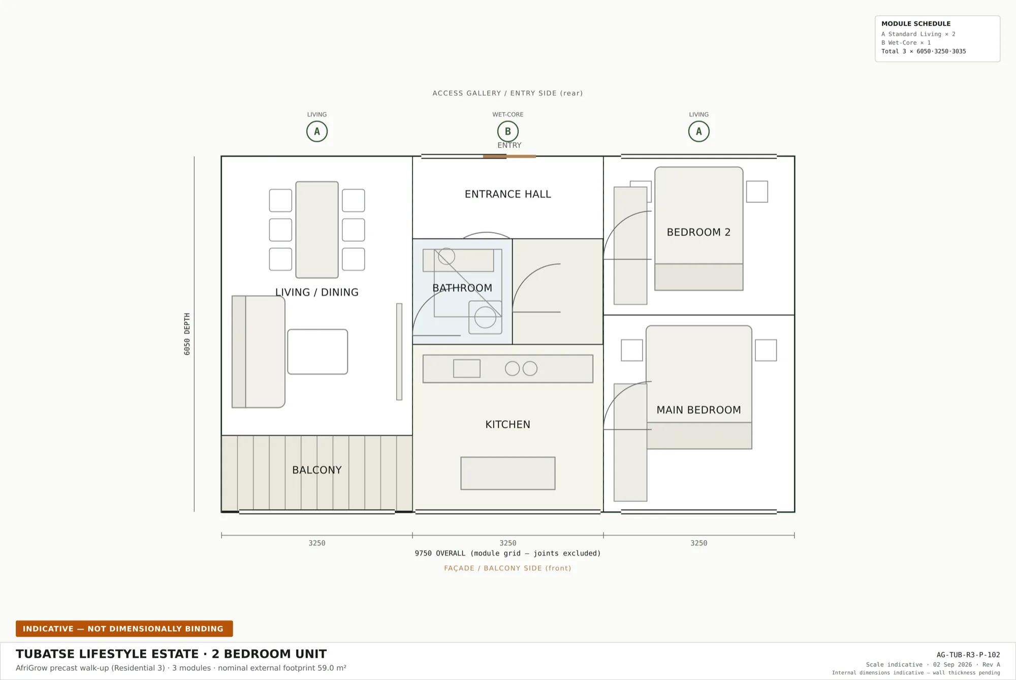 Indicative two-bedroom plan, 9.75 by 6.05 m.