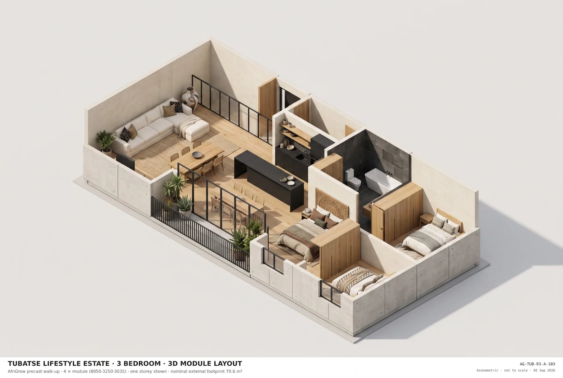 Three-bedroom unit — 3D cutaway showing the furnished layout.
