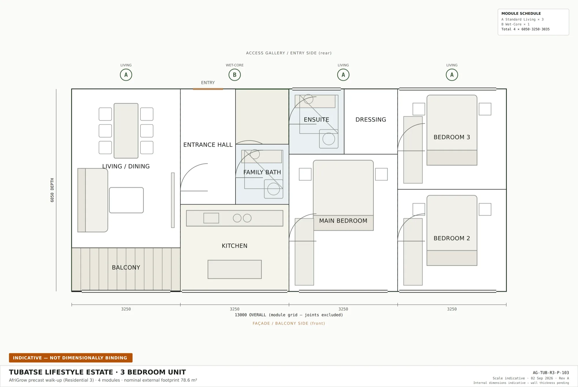 Indicative three-bedroom plan, 13.0 by 6.05 m.