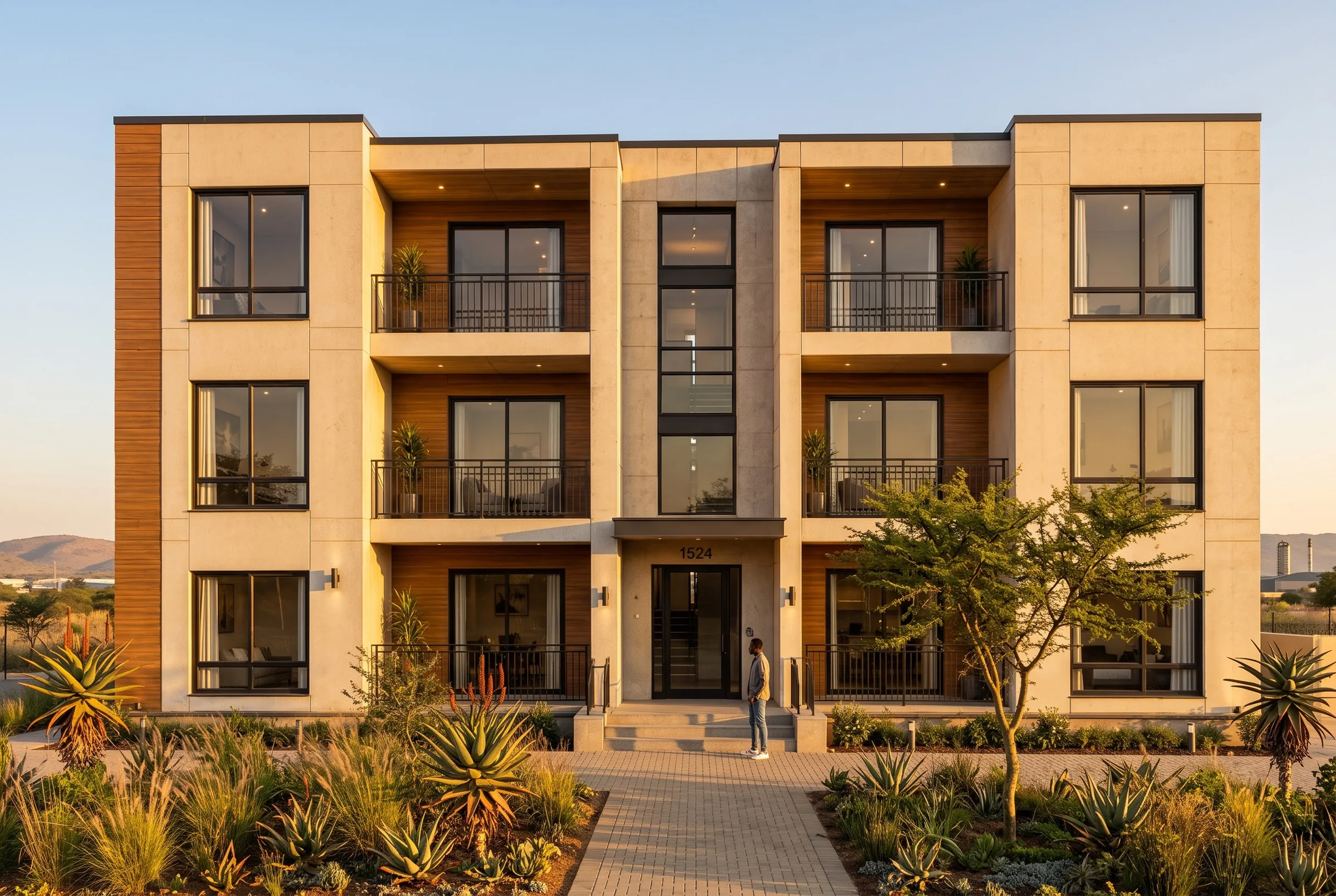Three-storey walk-up exterior at golden hour.