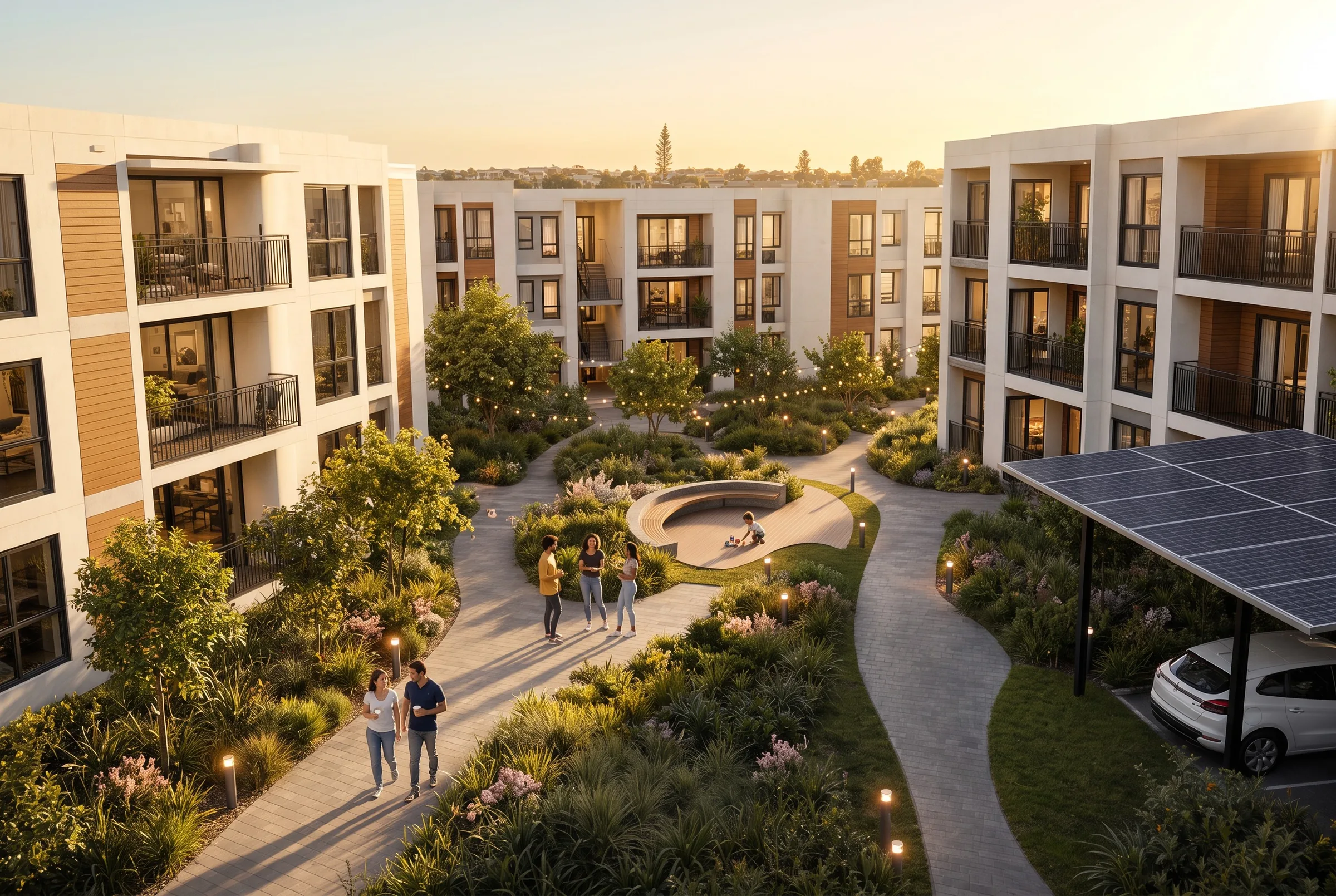Landscaped courtyard between walk-up blocks.
