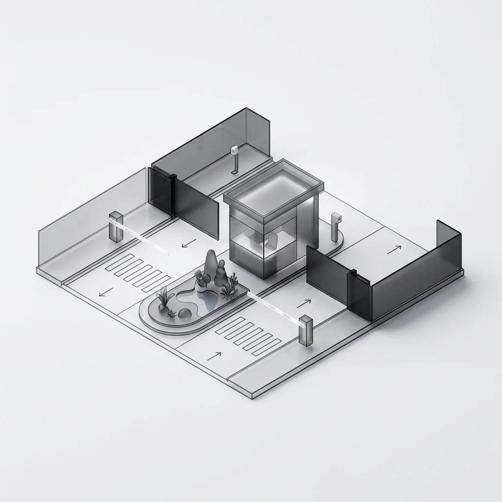 Zone graphic — gatehouse with booms and separated entry and exit lanes.