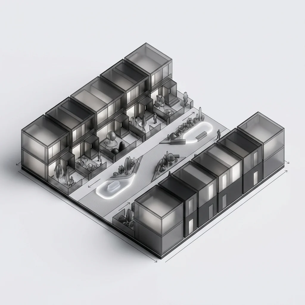 Zone graphic — townhouse rows along a shared landscaped court.