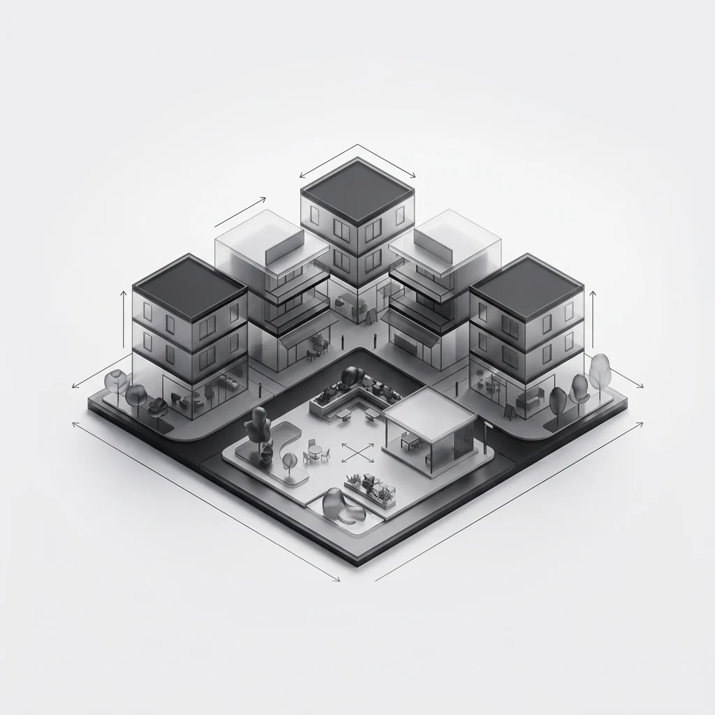 Zone graphic — mixed-use buildings around a public square.