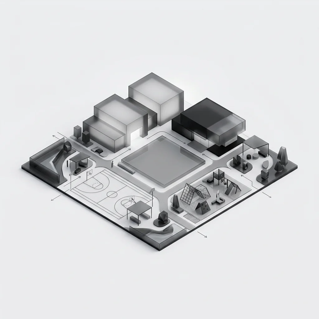 Zone graphic — civic buildings, sports court and play areas.